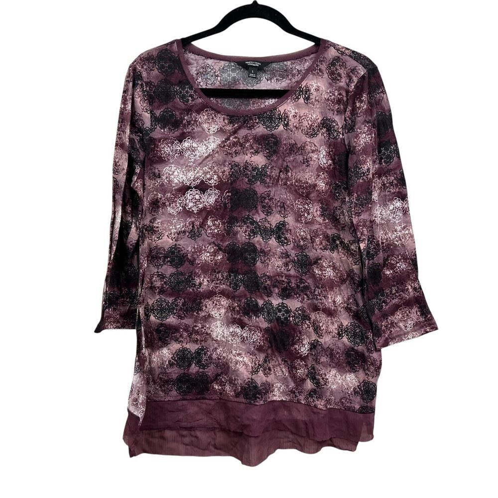 Simply Vera Vera Wang Womens Top Shirt Floral 3/4 Sleeve Hi Low Hem Burgundy L*